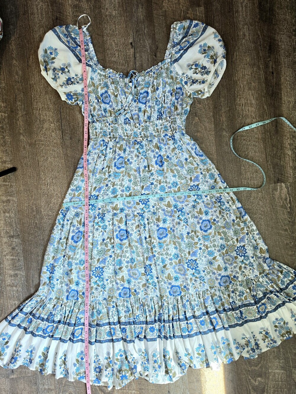By The River Floral Maxi Dress Womens L Blue White Smocked Waist Puff Sleeves Bo - Picture 11 of 13